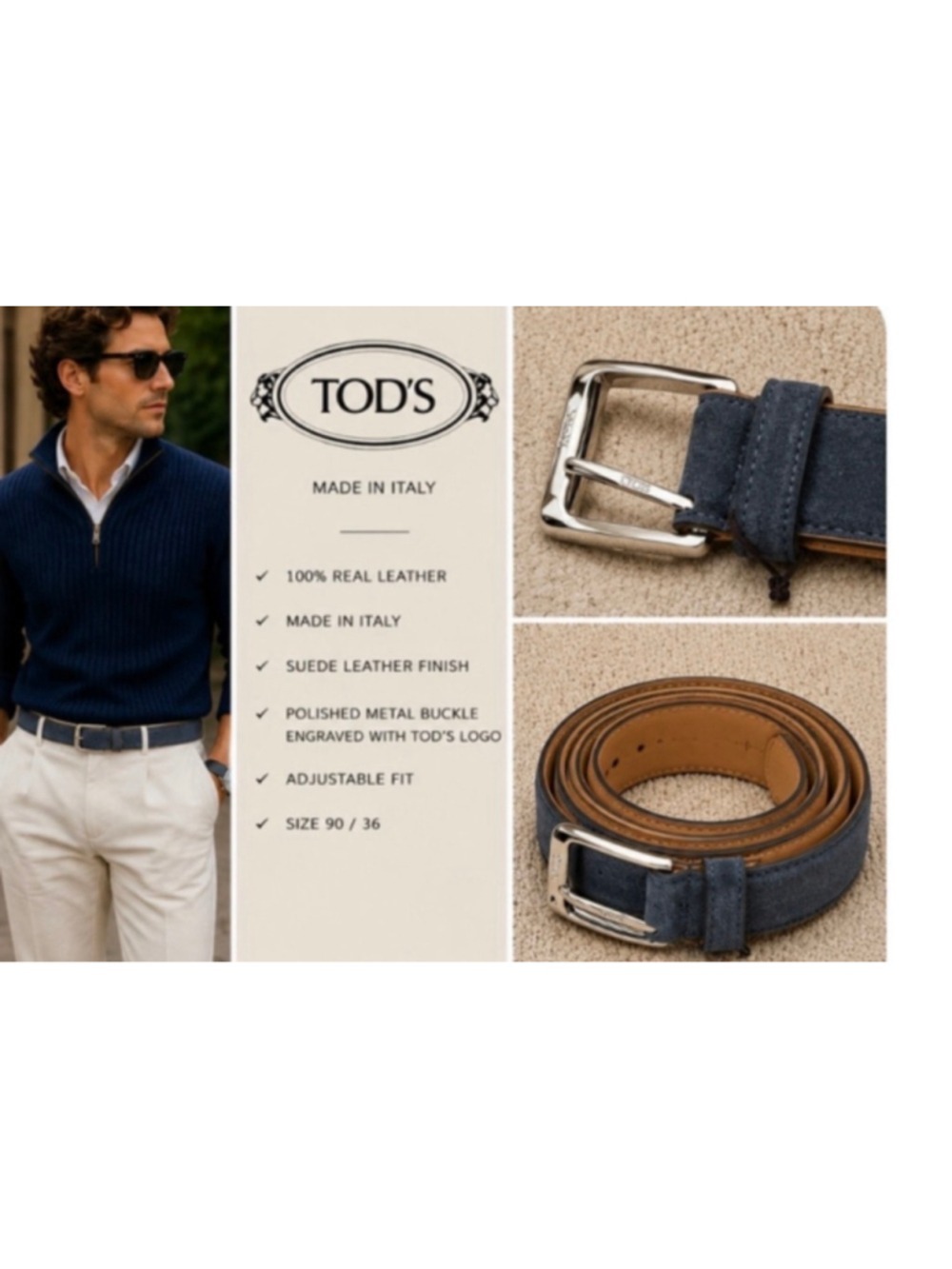 Men's Tod's Suede Leather Belt, Size 90cm/36in Blue and Tan New!